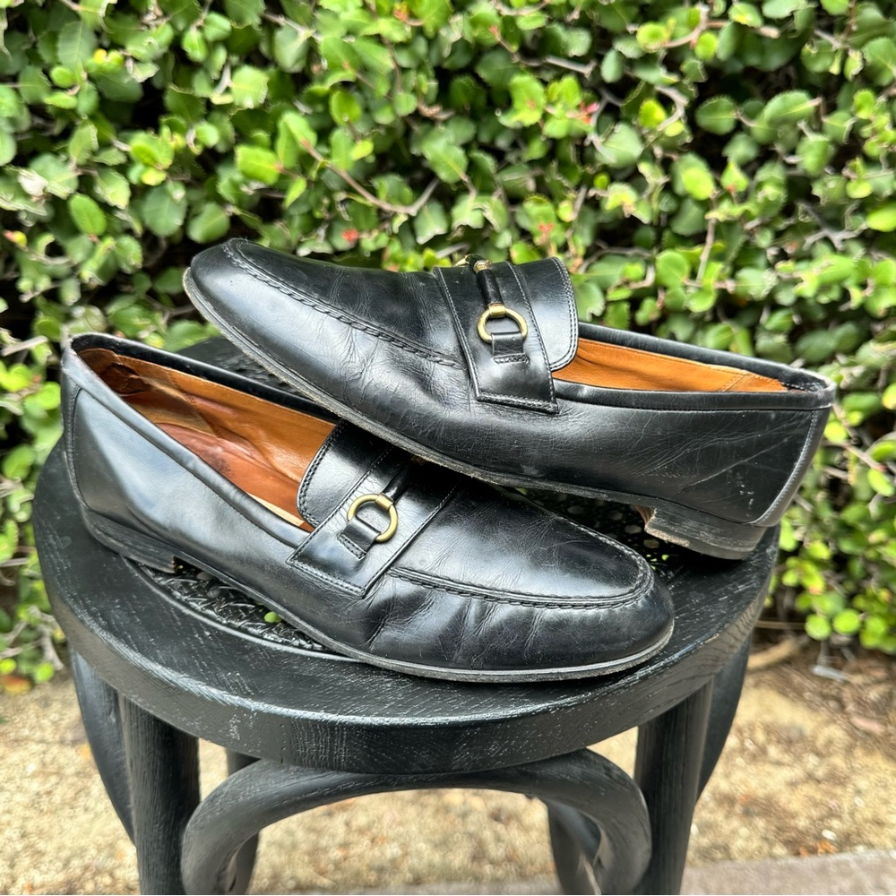 Authentic Gucci Web Silver Horsebit Black Leather Mens Dress Shoes Loafers 40.5